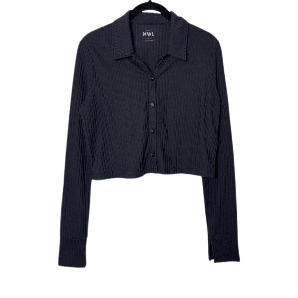 Black Ribbed Button-Front Crop Sweater